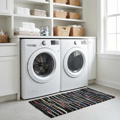 Chindi Kitchen Rug 2x3 Feet - Dark Multi | Cotton Small Throw Rugs for Entryway, Easy Care Black Hand Woven Mat - color: Dark Multi Hoisery, size: 2 x 3 feet