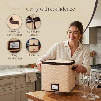 Wine Glass Storage Box with Dividers, Holds 12 Champagne Flute 3" Wide | 2 Pack, Stemware Storage Case, Protects Fine China, Durable Quilted Microfiber, Carry Handles, Ideal for Champagne Flute - size: Champagne Flute, style: 2 Pack