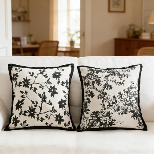 Maple Leaf Plant Spring Summer Pillow Cover for Couch Modern Cream Style Pillow Covers Snow Neil Courtyard Living Room Home Pillow Cover for Living Room Sofa Bed,2-pack Set (black, 18*18 inch) - color: Leaf+branch Black