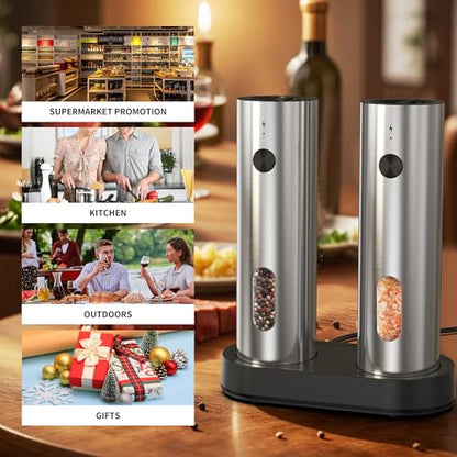 Rechargeable Salt and Pepper Grinder Set,Automatic Rechargeable, LED Light, External Adjustable Coarseness, Upgrade Large Capacity, Rechargeable Base Kitchen, Dining & BBQ, Gifts for Women Mom(Silver)