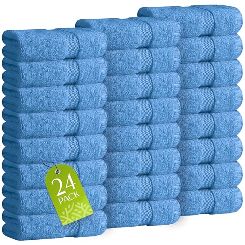 White Classic Wealuxe Light Blue Washcloths 24 Pack - 600 GSM 100% Ring-Spun Cotton Wash Cloths for Showering, Highly Absorbent and Soft | 12x12 Inches - color: Light Blue, size: Washcloth 24-Pack