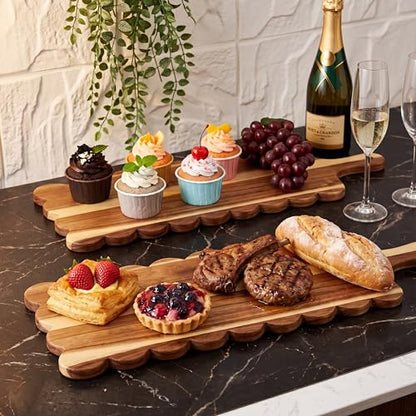 24"x 8" Long Scalloped Charcuterie Board Large Acacia Wooden Cheese Board with Handle & Rope Hanger Decorative Serving Platter for Snacks Appetizers, Housewarming & Entertaining Gift - size: 24"x8"