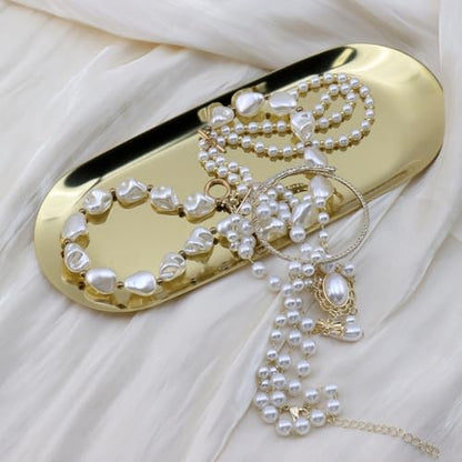 Dnyta 2Pcs Stainless Steel Decorative Tray, Decor Jewelry Dish for Dresser | Bathroom Decor Makeup Serving Trays Cosmetics Home Decor for Dresser, Keys Watch Wallet Trinket (9"x3.7", Oval, Gold) - style: Oval gold style (1pcs)