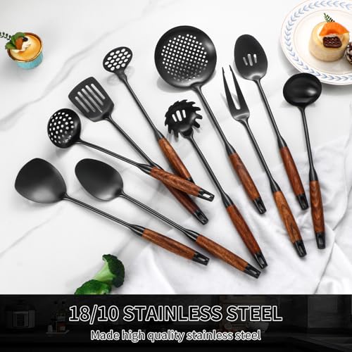 Izurok 18/10 Stainless Steel Kitchen Utensils Set,10 Piece Cooking Utensils With Wood Handle,Heat Resistant Kitchen Tool Set With Spatula,Spoon,Ladle,Skimmer,Slotted Turners,Pasta,Turner,Ladl,Fork - color: BLACK-10 Pieces, size: Small