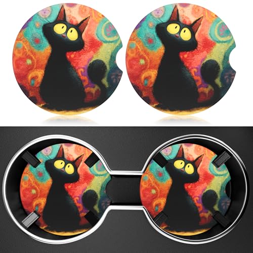2 Pack Car Cup Holder Coaster, 2.63 inch Anti Slip Insert Absorbent Ceramic Car Coaster with Cork Base and Finger Notch, Cute Car Accessories Interior for Women, Cute Car Coasters. - color: Colorful Cat