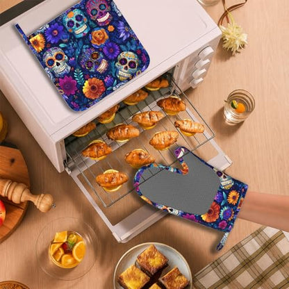 Day of The Dead Oven Mitt and Pot Holder with Silicone Heat Resistant Kitchen for Cooking BBQ Baking Grilling Cooking Protection - color: Day of the Dead