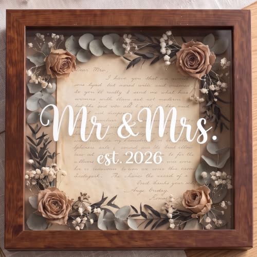9x9 Wooden Wedding Shadow Box Frame - Mr and Mrs Est 2026 Memory Box Display Case with Clear Acrylic Window for Keepsakes, Dried Flowers, Photos - Bridal Shower, Engagement Gifts for Couples