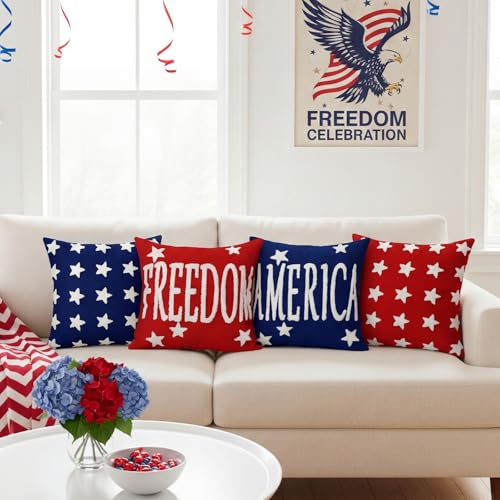 Fourluoo 4 Pcs 4th of July Pillow Covers 18x18 Patriotic America | Soft Plush Faux Fur Cushion Cases, Red White Blue Patriotic Decor, America Freedom Jacquard Weave for Sofa Couch - style: Patriotic