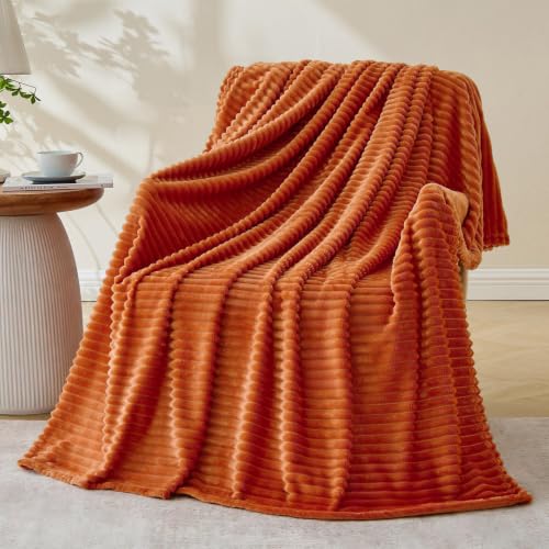 Bnuitland Burnt Orange Fleece Throw Blanket, 300GSM Soft Warm Cozy Fluffy Throw for Babys & Pets, Stripe Pattern 50"x40", All Season Sofa Bed Blanket for Home Decor - color: Orange, size: 50x40 Inch