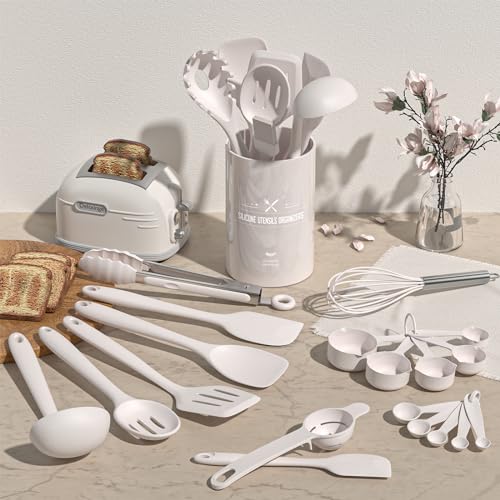 Kitchen Utensils Set, Umite Chef 22Pcs Silicone Cooking Utensils Set, Heat Resistant Silicone Kitchen Spatulas Set with Holder, White Cooking Gadgets Tools Set for Nonstick Cookware, Dishwasher Safe - color: White