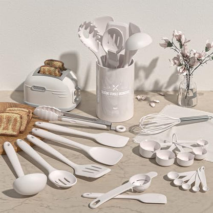 Kitchen Utensils Set, Umite Chef 22Pcs Silicone Cooking Utensils Set, Heat Resistant Silicone Kitchen Spatulas Set with Holder, White Cooking Gadgets Tools Set for Nonstick Cookware, Dishwasher Safe - color: White