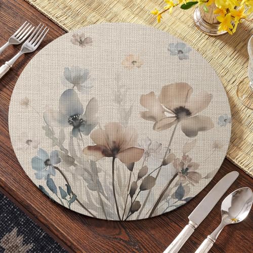 Artoid Mode Brown Poppy Floral Round Placemats Set of 4, 14 Inch Washable Non-Slip Plastic Woven Plastic PVC Place Mats for Farmhouse Party Dining Decor - size: 14", Round 4 Pcs