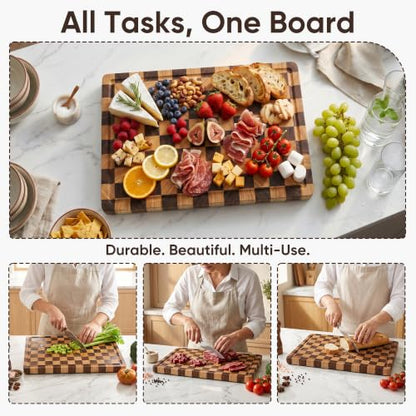 End Grain Checkerboard Cutting Board, Premium Butcher Block with Juice Groove & Built-in Handles, Reversible Wooden Chopping Board for Kitchen Prep, Meat & Charcuterie