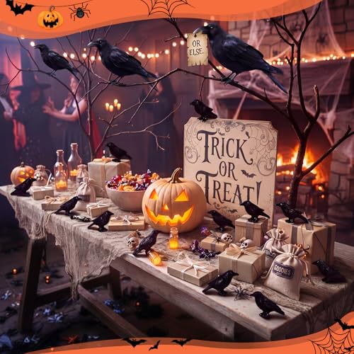RoundFunny 50pcs Miniature Crows Resin Mini Halloween Figurine Gothic Decor | Small Black Raven, Halloween Bird Figures to Hide, Black Crows for Haunted House Witch Party Favors Horrible Micro Landscape - style: Halloween Crows