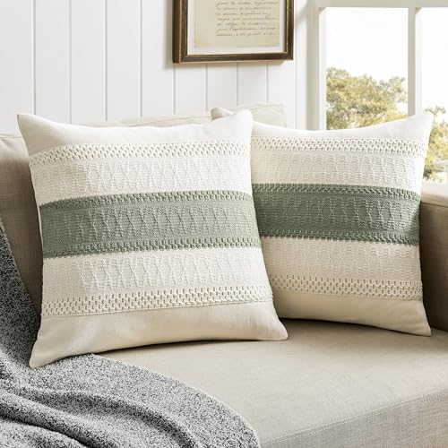 2 Pack Boho Throw Pillow Covers, Contrast Green 16x16in | Soft Breathable Cotton, Farmhouse Decorative Couch Pillow Cases, Cushion Covers for Sofa Bed Living Room Home Decor - color: Contrast/Green, size: 16" x 16" (Pack of 2)