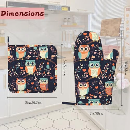 Cute Owl Heat-Resistant Silicone Oven Mitts and Pot Holders 4 Piece Set,Extra Long Non-Slip Kitchen Oven Gloves for Cooking, Baking, BBQ,Grilling - color: Cute Owl