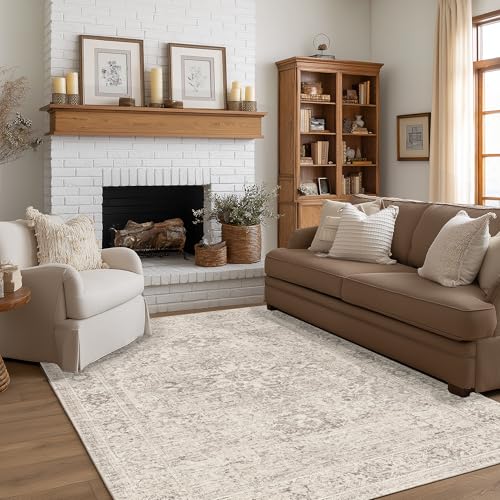 FMFUNCTEX 5x7 Washable Beige Neutral Oriental Large Living Room Area Rug | Cream Distressed Vintage Farmhouse Non Slip Low Pile Soft Thin Indoor Carpet Throw Rug Mat Bedroom Dining Room Office Nursery - color: Beige, size: 5' x 7' (Rectangular)