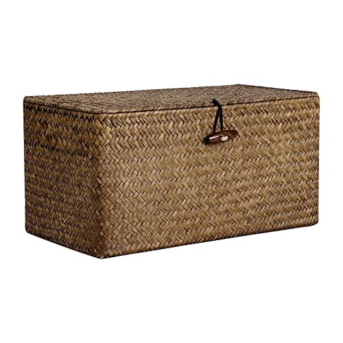 Natural Seagrass Storage Baskets with Lid,Multipurpose Home Organizer Bins Boxes for Shelf Organizer,Decorative Storage Bins - color: Coffee, size: X-Large-1 pc