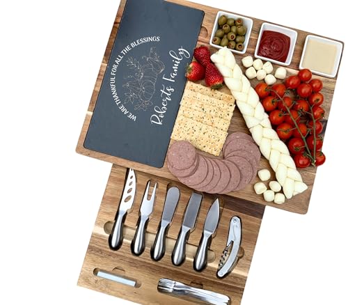 Personalized Acacia Charcuterie Board Gift – Large Slate Cheese Board with Knife Set – Perfect for Weddings, Housewarmings & Holidays - color: Design #14