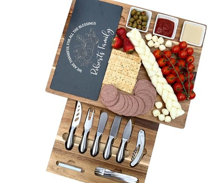 Personalized Acacia Charcuterie Board Gift – Large Slate Cheese Board with Knife Set – Perfect for Weddings, Housewarmings & Holidays - color: Design #14