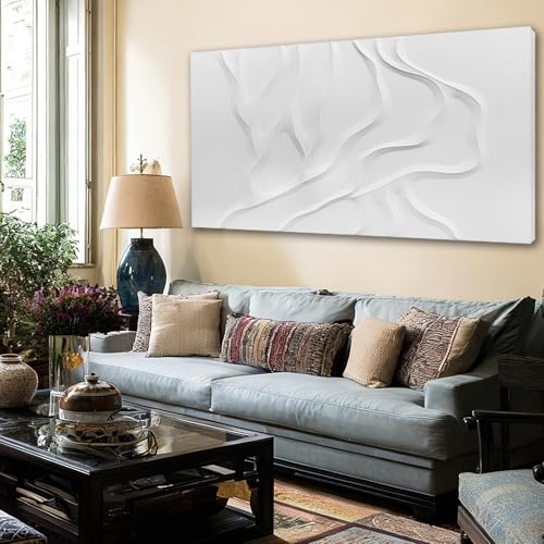 ZUNARE Hand-Painted White Abstract Wall Art for Living Room 24x48 Inch - color: White, size: 48"L x 24"W