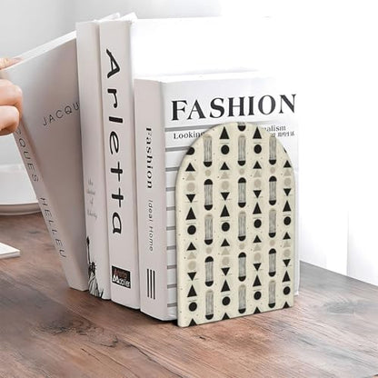 Scandinavian Geometric Shapes (1) Print Wooden Bookends,1 Pair Book Ends,Book Organizer for Office Desk, Home and School