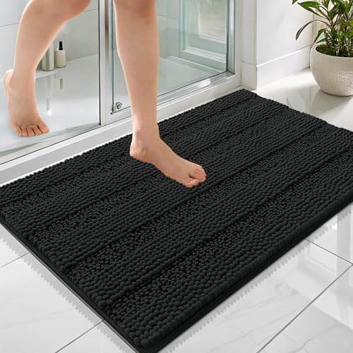 OLANLY Thick Bathroom Rugs 36x24, Soft Chenille Striped Bath Rugs, Black | Rubber Backing, Machine Wash, Extra Absorbent Bath Mats for Bathroom Floor, Tub and Shower, Home Decor Accessories - color: Black, size: 36" X 24"
