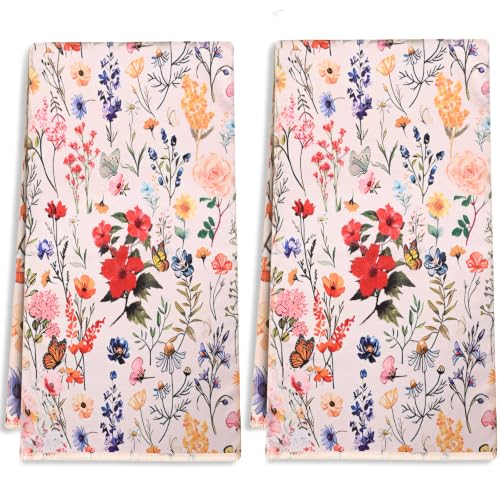 Spring Floral Kitchen Towels Set of 2 – 16x24 Inch Decorative Farmhouse Dish Towels with Hanging Loop, Vintage Watercolor Flower Tea Towels for Kitchen, Bathroom & Baking - color: Flowers and Plants