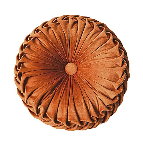 Teieas Round Throw Pillow Velvet Home Decoration Pleated Round Pillow Cushion for Couch Chair Bed Car Orange | Orange round velvet decor throw pillow,soft boho circle pillow cushion,for couch,chair,bed,car,sofa,home decorative - color: Orange