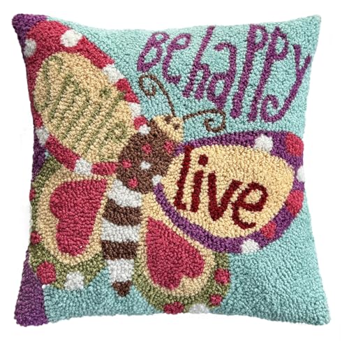 Be Happy Butterfly Hand-Hooked Throw Pillow Cover 16"x16" | Textured butterfly pillowcase,hidden zipper,velveteen back,boho farmhouse style,decorative cushion cover for couch bed sofa - color: Be Happy Butterfly