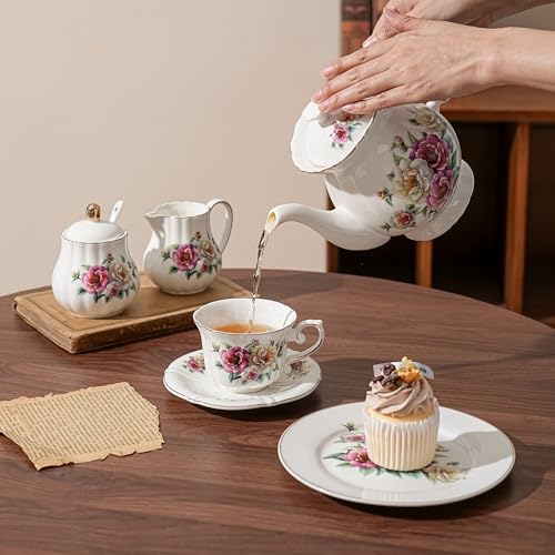 Ceramic Floral Cups with Saucers，7 oz Espresso Cups for Latte Coffee Cafe, Cappuccino and Tea (1, Camellia) - color: Camellia