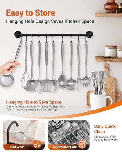 304 Stainless Steel Kitchen Utensils Set - 15PCS Long Metal Cooking Utensil Serving Utensils Set, Masher, Whisk, Turner, Serving Spoon, Fork, Tongs, Skimmer, Ladle, etc (Dishwasher Safe)