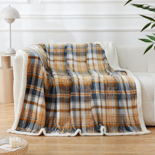 PU MEI Sherpa Blanket Twin Plaid Thick Bed Blanket, 60”*80” Super Soft Flannel Fuzzy Fleece Reversible Velvet Plush Warm Blanket for Couch (Blue Yellow Check) - color: Blue Yellow Check, size: 60"*80"