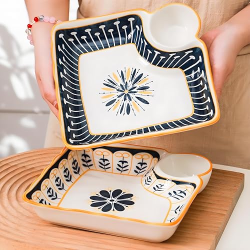 Noamus 4 Pack Dumpling Plate with Dipping Saucer, 7.5" Ceramic Japanese Sushi Platter, Colorful Square Serving Plate with Dish for Home Kitchen, Snack Dessert Salad Fries Fruit Gyoza