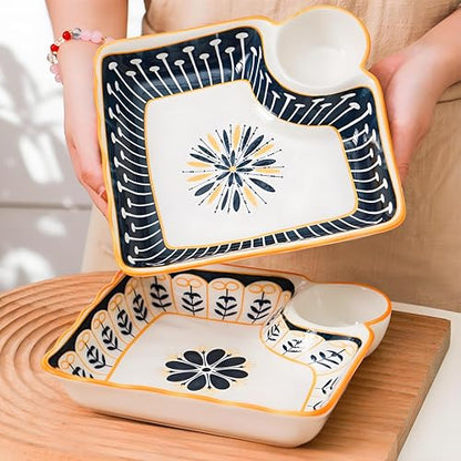 Noamus 4 Pack Dumpling Plate with Dipping Saucer, 7.5" Ceramic Japanese Sushi Platter, Colorful Square Serving Plate with Dish for Home Kitchen, Snack Dessert Salad Fries Fruit Gyoza