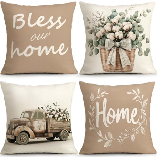 Khaki Home Bless Floral Pillow Covers Set of 4, 18x18 Farmhouse Decor | Faux Linen Khaki Bless Pillow Covers Add Cozy Farmhouse Warmth to Sofa Bedroom PorchEntryway - color: Home Sweet Khaki, size: 18" x 18" (Pack of 4)