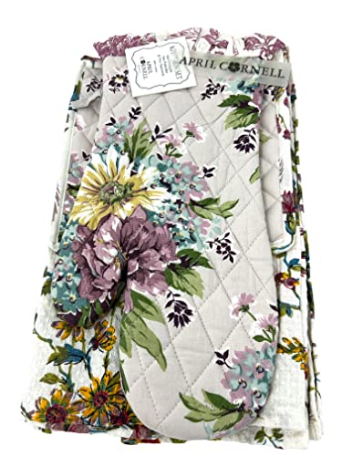 April Cornell Plum Floral 4-pc. Kitchen Linen Gift Set with 2 Tea Towels, 1 Oven Mitt & 1 Pot Holder | 100% Cotton | Summer Botanical Floral, Plum