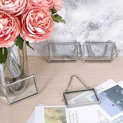 JUXYES Picture Frame, Set of 4 Mini Floater Frame, 3x2 inch, Brass, Glass, Silver, Wall Mount, Modern/Contemporary, Unisex Adult | 4 Pack Wallet Size Tiny Frame Ornament for Xmas Tree Party Wall Decor, Small Silver Brass Floating Display Frame with Chain