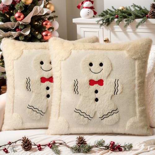 Faux Fur Christmas Pillow Covers 18x18 Set of 2 | Funny Gingerbread Beige Soft Plush Farmhouse Decorative Cushion Case for Couch Christmas Home Decor - color: Gingerbread Man, size: 18" x 18" (Pack of 2)