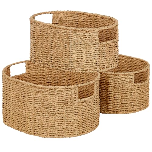 Wicker Storage Basket, Set of 3 Hand-woven Storage Baskets for Organizing, Round Large Wicker Baskets for Storage Decor, Pantry Storage Cubes Organization Baskets for Shelves, Natural - color: Natural