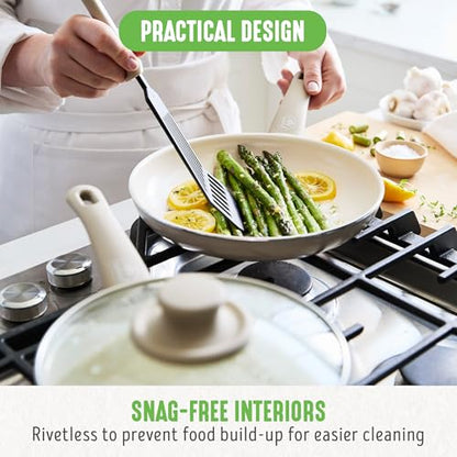 GreenLife 16 Piece Ceramic Nonstick Pots & Pans Cookware Set, Taupe | PFAS-Free Nonstick Coating, Stockpot, Frying Pans, Saucepans, Sauté Pan, Stay-Cool Handles, Dishwasher & Oven Safe up to 350F - color: Taupe, style: Soft Grip