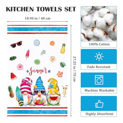 Summer Beach Gnome Tea Towels 4Pcs 19"×27.5", 100% Cotton Soft Kitchen Towel Hand Towels Multiple Uses Quick Dry Dish Cloth for Kitchen, Anniversary,Wedding, Decoration | 18.9 x 27.5 in / 48 x 70 cm, Lightweight Woven Dish Cloth with Beach Gnome Print for