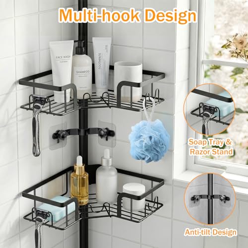 Corner Shower Caddy with Tension Pole, 4-Tier Rustproof Bathroom Organizer Shelves, No-Drill Adjustable Shower Storage Rack 42–115 Inches, Space-Saving Floor Standing Shower Organizer