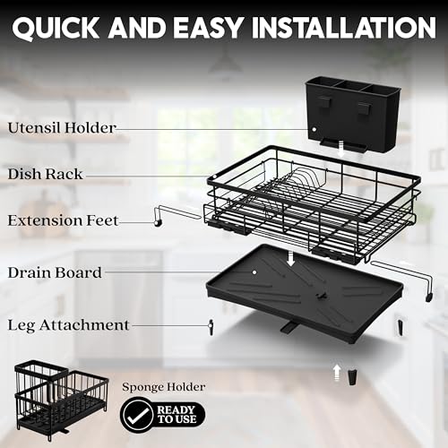 2 IN 1 Expandable Dish Drying Rack plus Sponge Organizer, Stainless Steel Drying Rack with Drainer Plate, Kitchen Countertop Organizer Space Saving Utensil Holder, Scratch Resistant and Rust-Proof