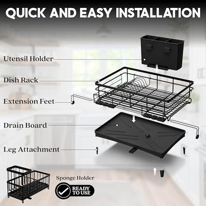 2 IN 1 Expandable Dish Drying Rack plus Sponge Organizer, Stainless Steel Drying Rack with Drainer Plate, Kitchen Countertop Organizer Space Saving Utensil Holder, Scratch Resistant and Rust-Proof