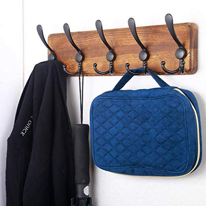 SKOLOO Rustic Coat Rack Wall Mount, 16" Stud Spacing, Solid Wood, Brown | Farmhouse style, 5 Triple Hooks, 100lbs capacity, for backpack jacket coat hat, wall mount, hardware included,rustproof hooks - color: Brown Plate & Black Hook, size: 1 Item-5 Hooks