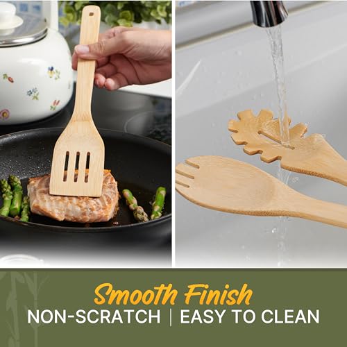 Bamboo Cooking Utensils Set 7 Pcs with Holder, Wooden Spoons for Nonstick | Easy to clean, sturdy, lightweight and heat resistant; eco-friendly and non-toxic; safe on delicate pans - size: 7 Pieces Extended
