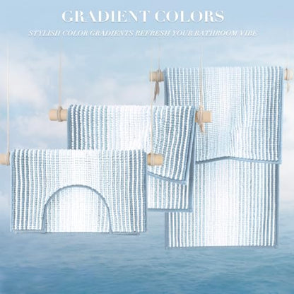 Bathroom Rugs Sets 3 Piece, Toilet Rugs U-Shaped Contour Bath Mat Set, Striped Absorbent Non Slip Chenille Shower Mat, Ice Blue - color: Ice Blue, size: 20"x32"+16"x24"+U Shape 20"x24"