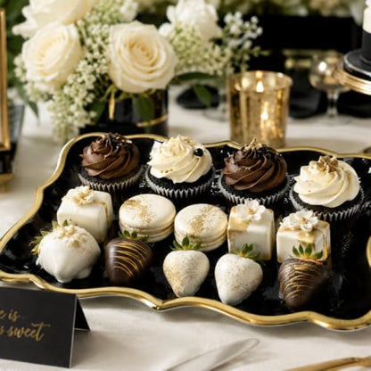 Black & Gold Rectangle Dessert Trays, 10 Pack, 9" x 13" | Disposable Food Safe Paper Serving Trays With Elegant Gold Rim For Desserts, Appetizers, Cupcakes, Weddings And Parties - color: Black, Gold