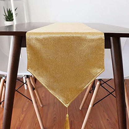 Faux Linen Sparkly Spring Gold Table Runner with Tassels 14x118 Inch Dresser Scarf Graduation Table Runner for Home Bedroom Party Birthday Wedding Bridal Baby Shower - color: Brilliant Faux Linen With Tassels- Gold, size: 118"x14"-1Pc